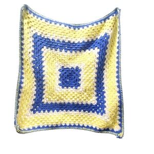 Handmade Small Blue Yellow Granny Square Crochet Baby Blanket Afghan Lap 27"X28"